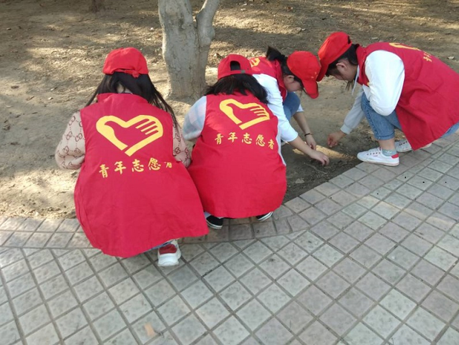 爱心服务小组在清理道路垃圾